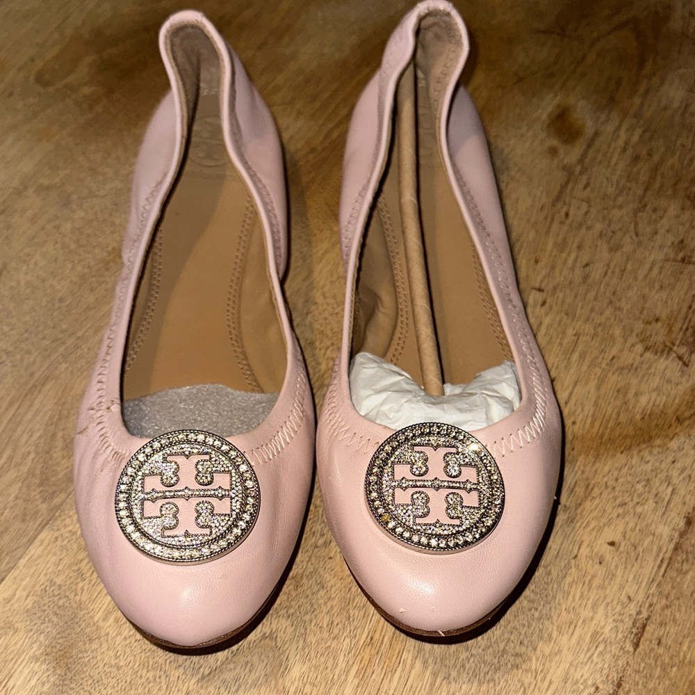 Tory Burch Liana Ballet Flat Silver Toned Embellished Logo NWOT